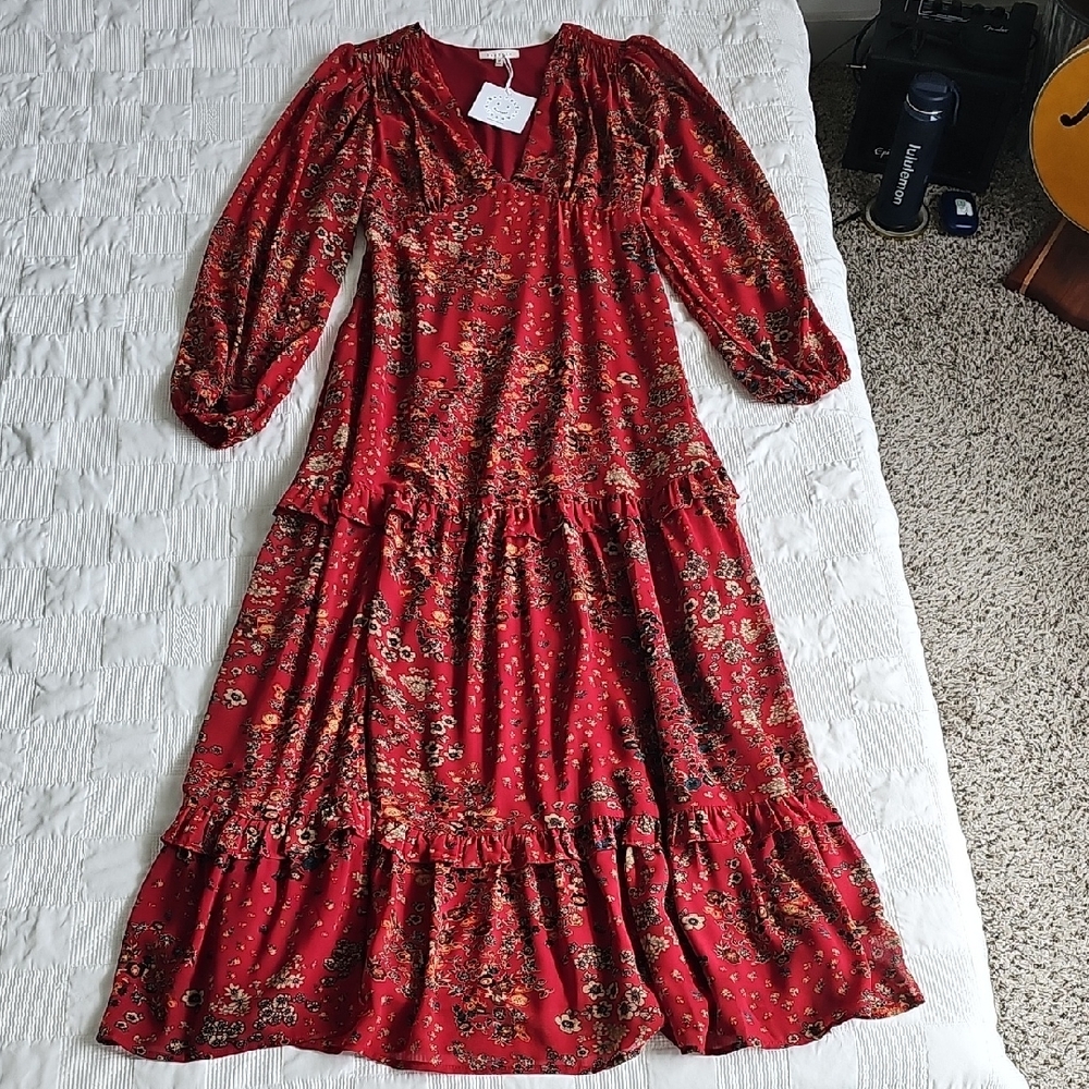 Boho Red Floral Tiered V-Neck Maxi Dress
